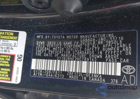 2017 Toyota Corolla Le из США, поврежденный, VIN 2T1BURHE2HC789142